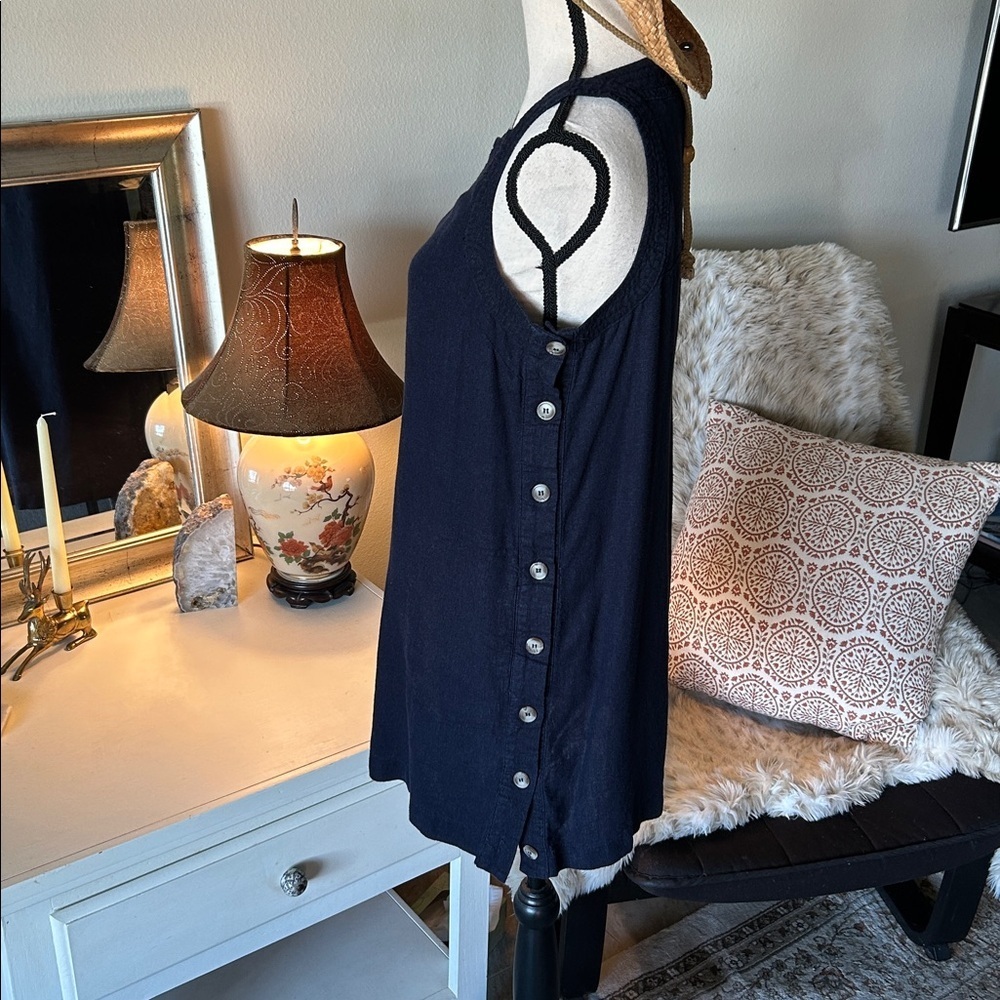 For Cynthia linen navy Boho lagenlook cottage minimalist mini dress S oversized - Picture 3 of 12